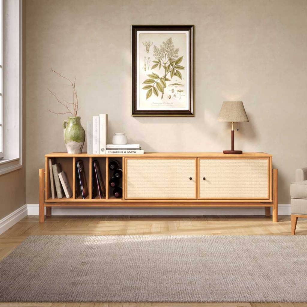 Rack Retrô TV 75 Rattan 185 cm 4 Nichos Para Vinil Madeira Freijó Mona