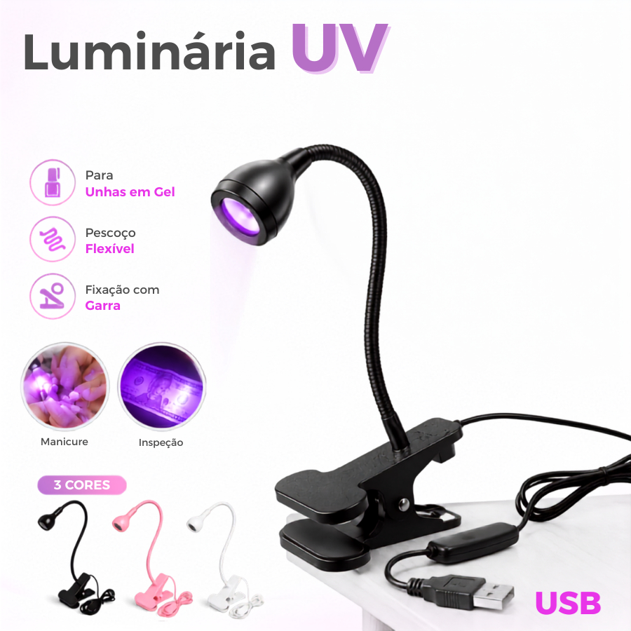Luz UV para Unhas Gel USB com Garra Pescoço Flexível Luminária para Manicure Profissional