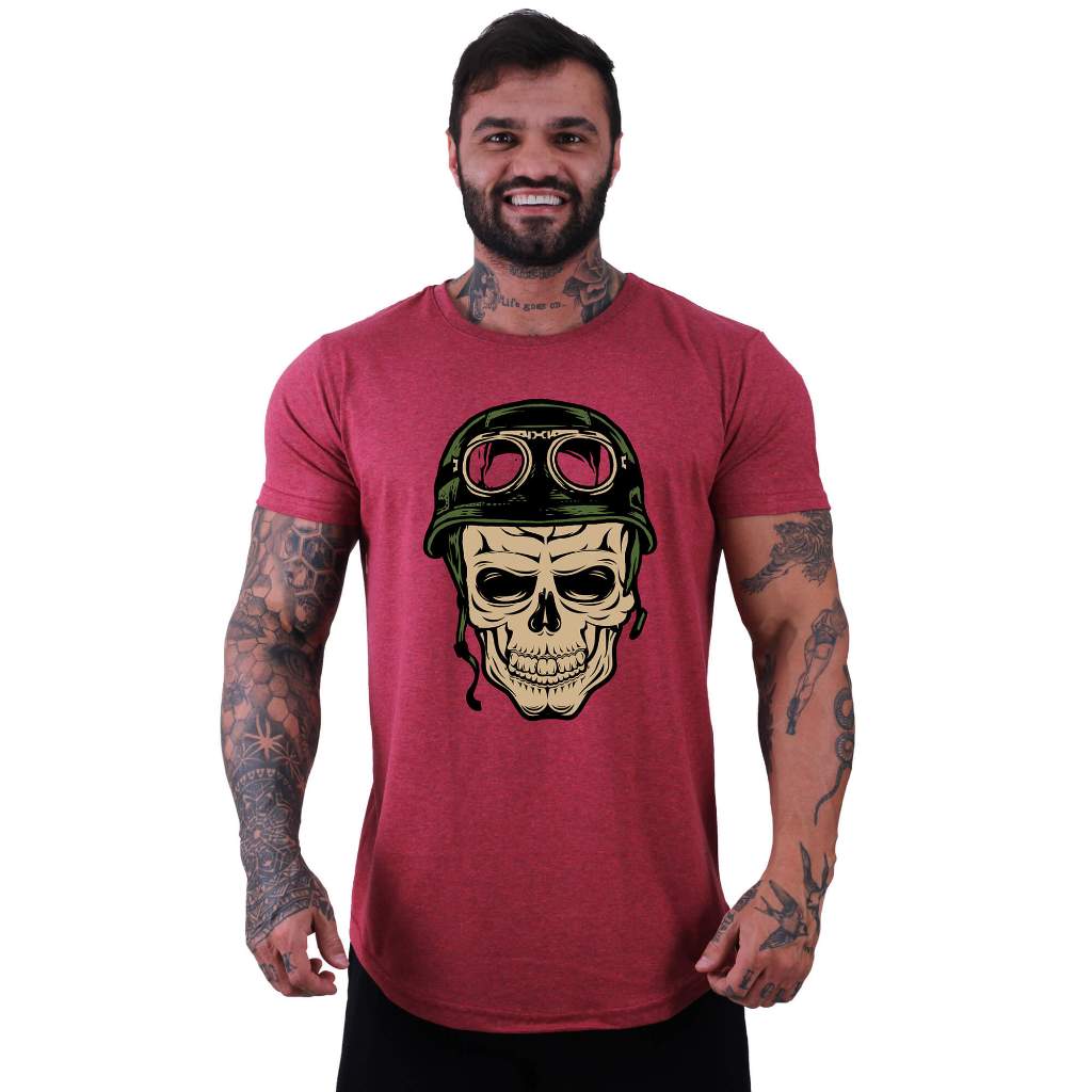Camiseta Longline Masculina Algodão MXD Conceito Academia Musculação Casual Caveira Capacete Militar