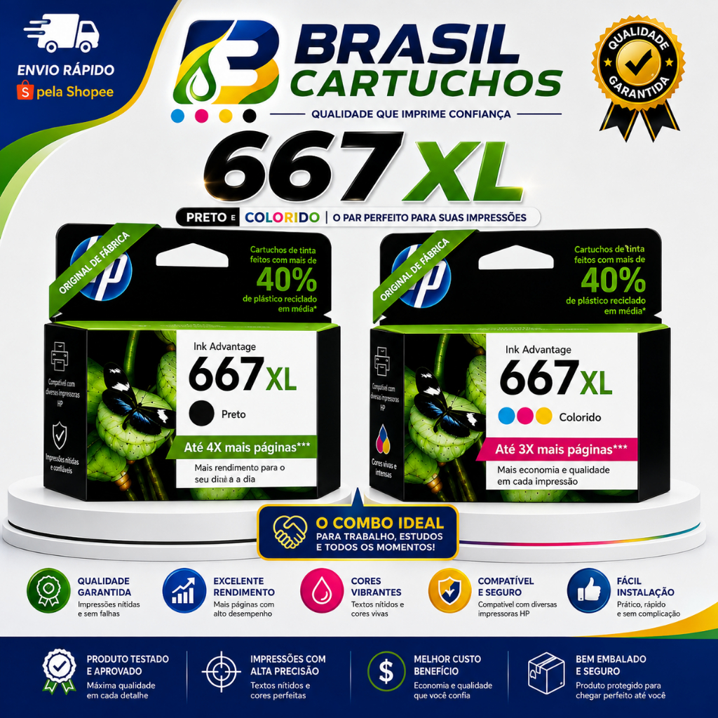 Cartuchos remanufaturado HP 667XL Preto e colorido 18ml - Alto Rendimento e Impressões de Alta Qualidade compativel