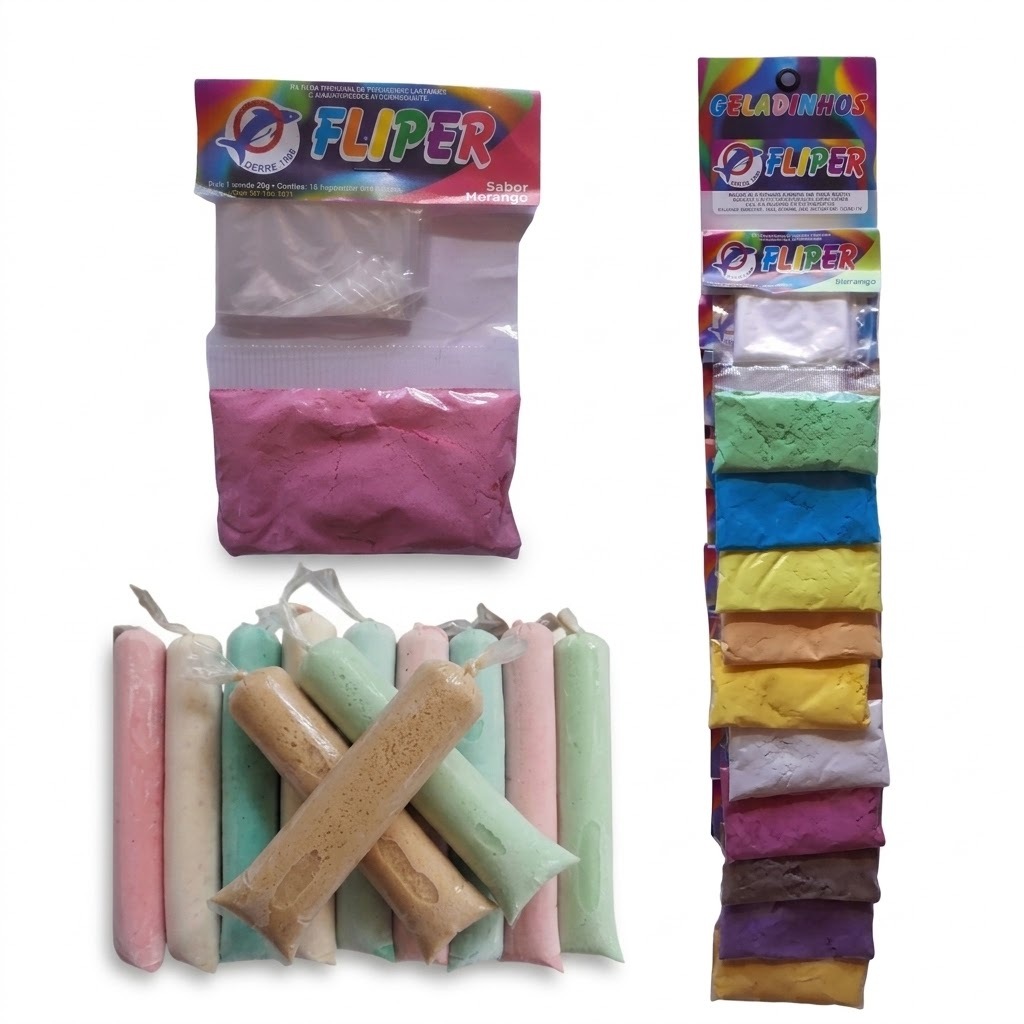 Pó para geladinho cremoso fliper kit cartela com 10 sabores Gourmet Sacolé Dudu Flau Juju Chupe-Chupe picolé de saco