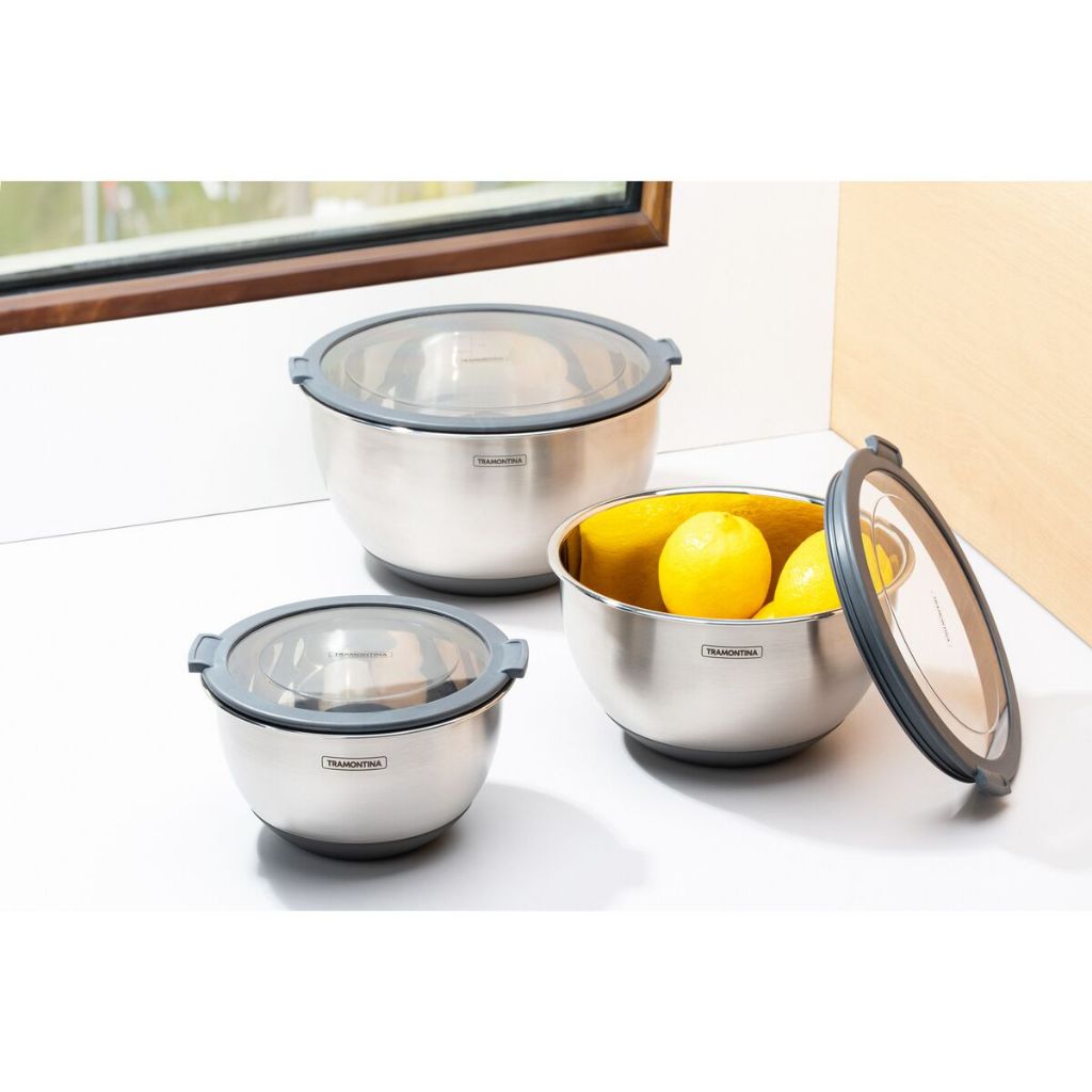 Jogo de 3 Potes Tramontina Bowl Cucina em Aço Inox 5 L 3L 1.5L tampa transparente com vedação hermética