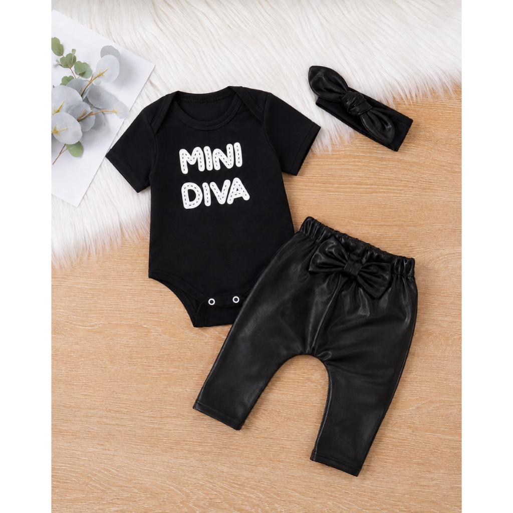 Conjunto Menina Bebê Mini Diva Calça Cirrê Manga Body Manga Longa Algodão Faixa Laço Moda Baby