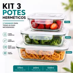 KIT 3 Potes Heremeticos de Vidro 370ml, 640ml e 1040ml Marmita, Frezzer, Micro-ondas, Forno.
