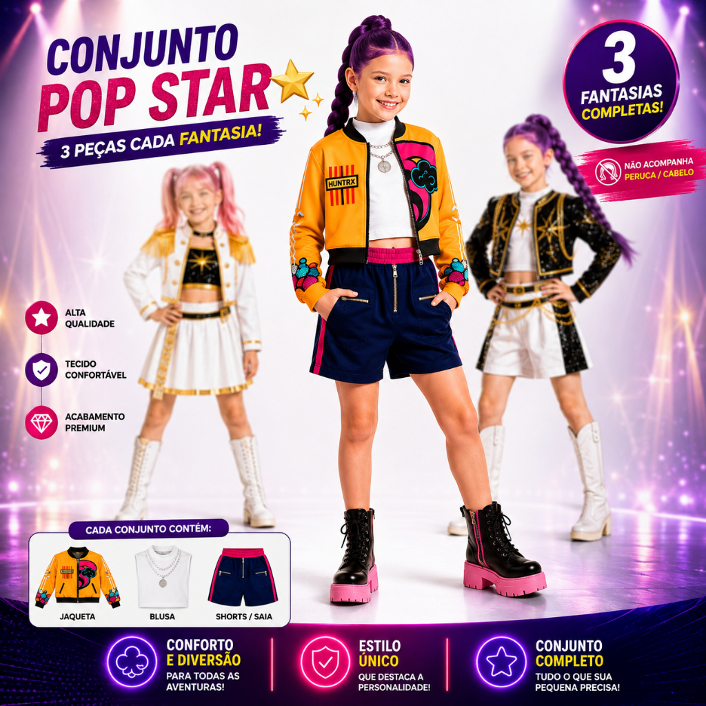 Fantasia Guerreira KPOP Infantil Rumi Devil Mira Zoey Guerreira K-POP Luxo Dança Show Menina Carnaval Dia Das Crianças