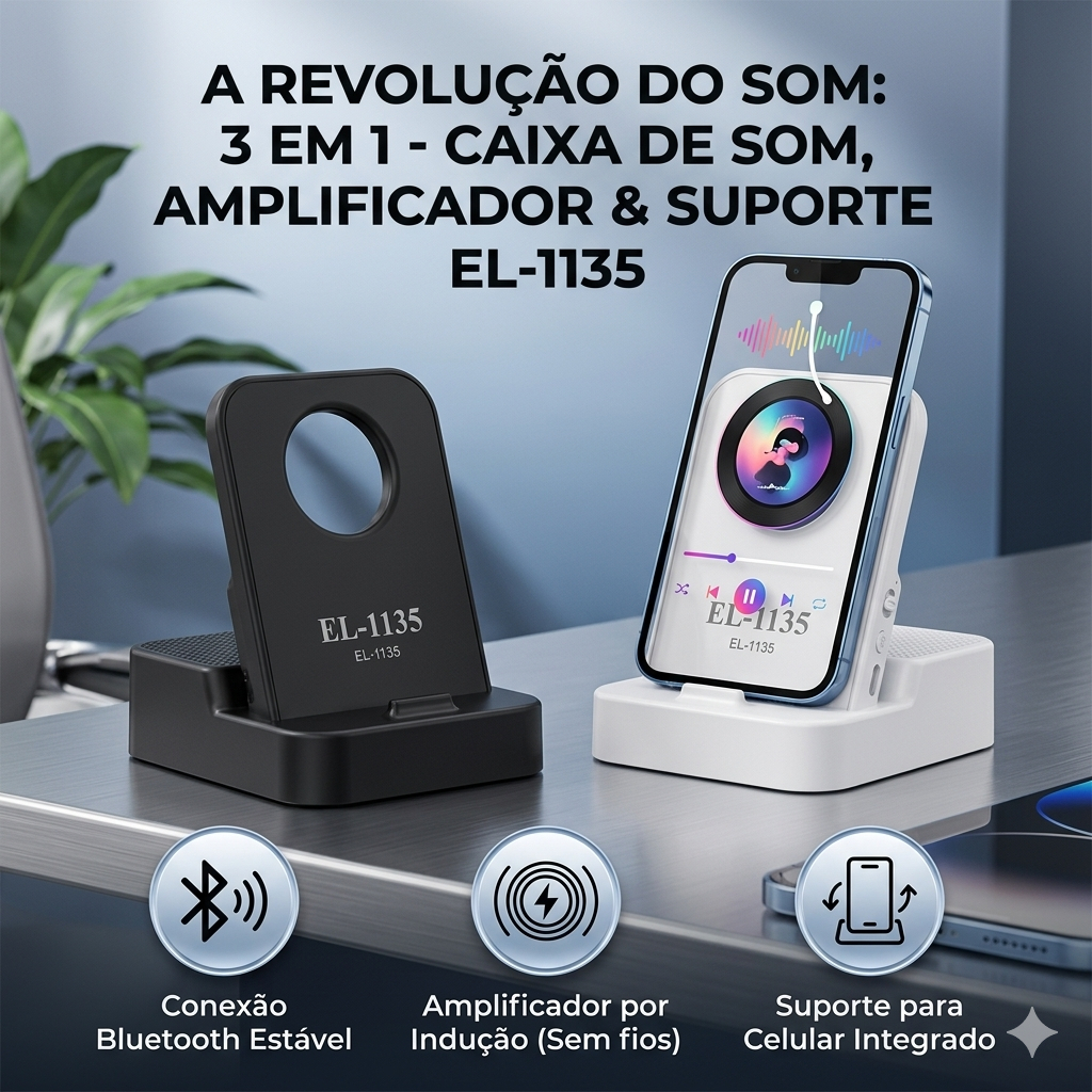 Caixa de Som Bluetooth EL-1135 10W com Suporte para Celular, Som Amplificado e Base Portátil