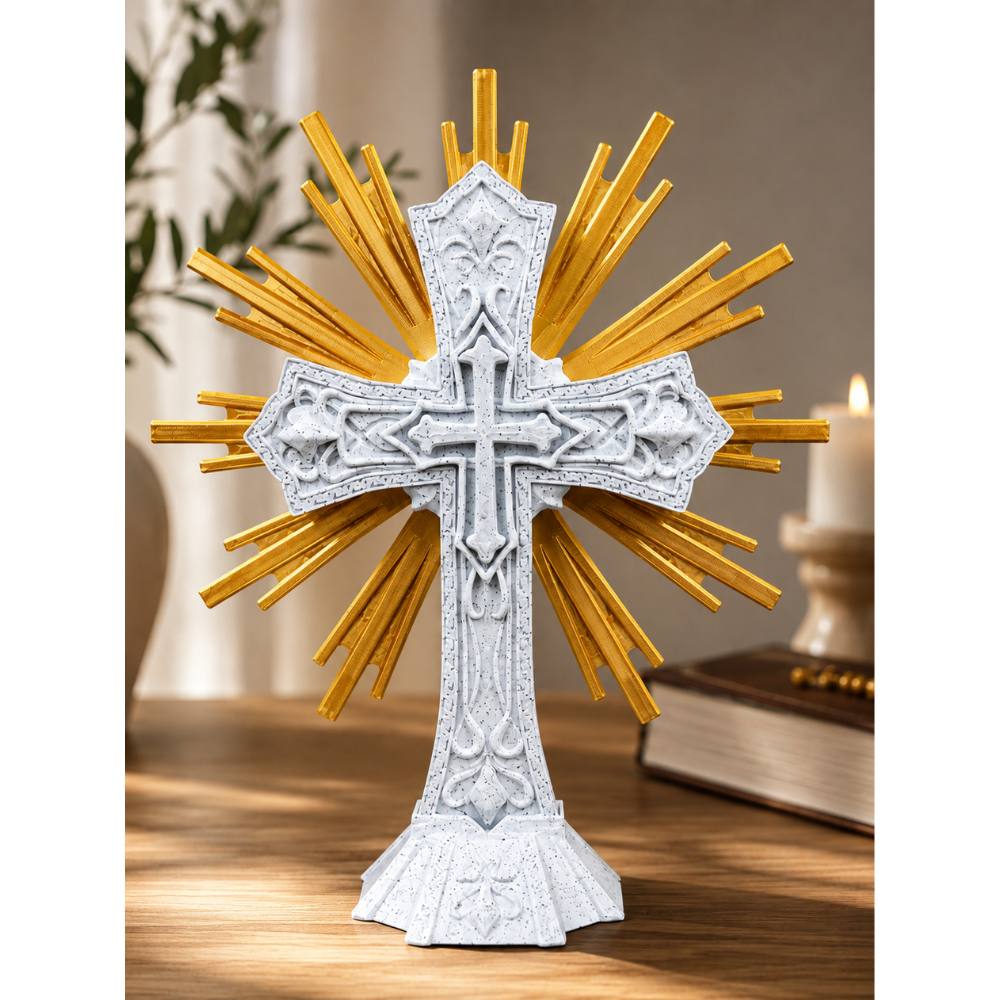 Cruz Sagrada com Raios Dourados Decorativa para Mesa e Parede | Decoração Religiosa Católica | Presente Religioso
