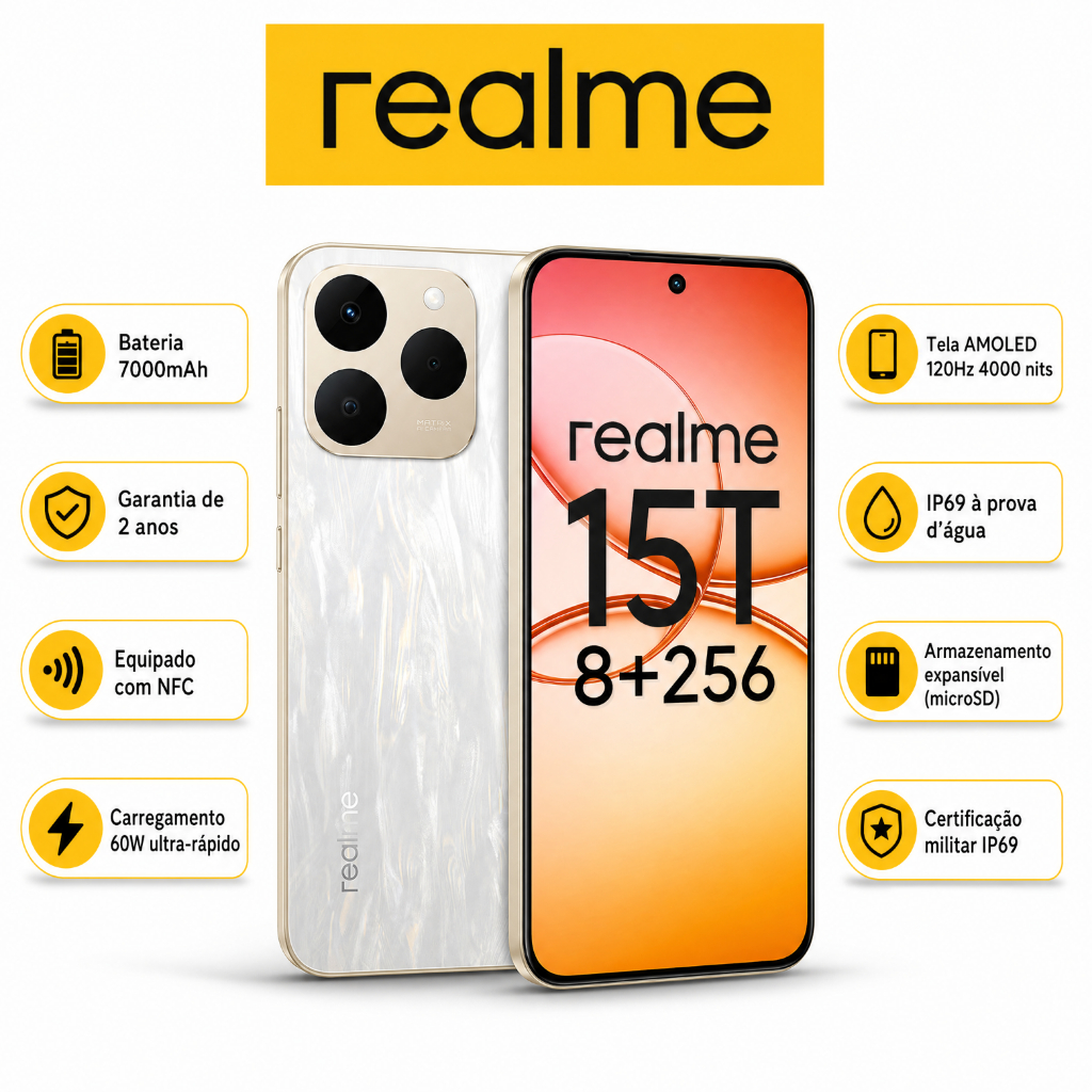 Celular realme 15T 5G Smartphone 8+256 GB 2ANOS E IA GARANTIA Original Versão Global Bateria 6550mAh Câmera 50MP NFC Tel