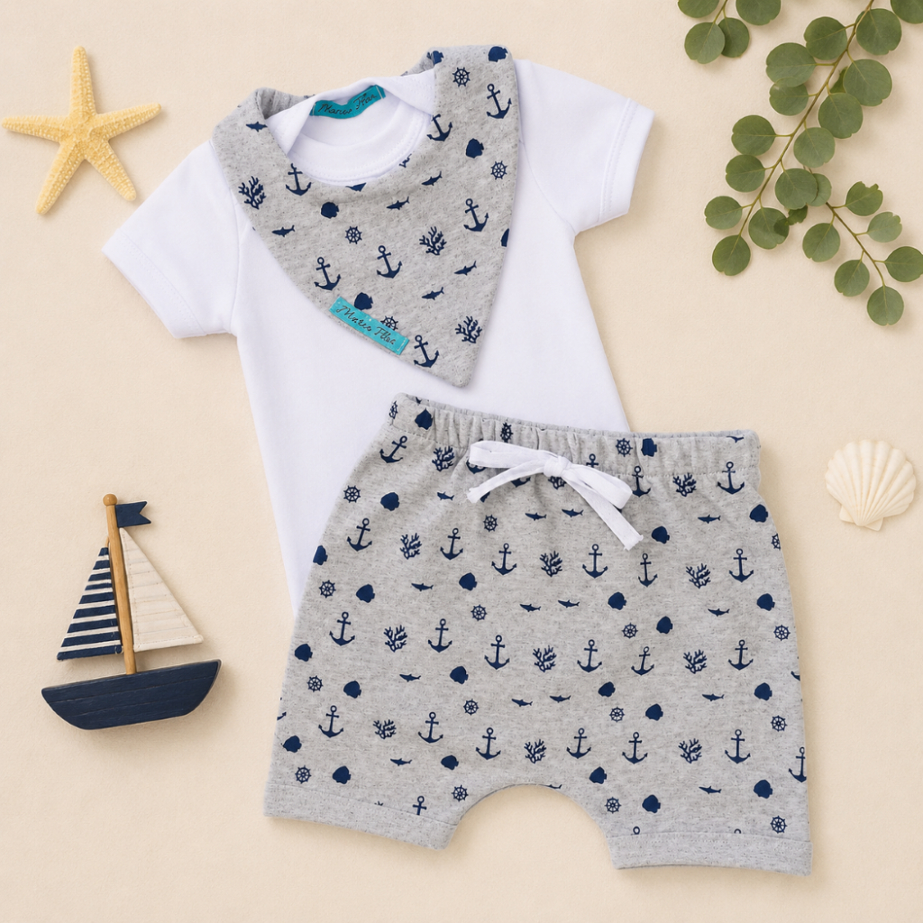 Conjunto Bebê Lindo com Babador Body e Shorts Fofo com Detalhes Roupas de Bebê algodão kit completo verão infantil