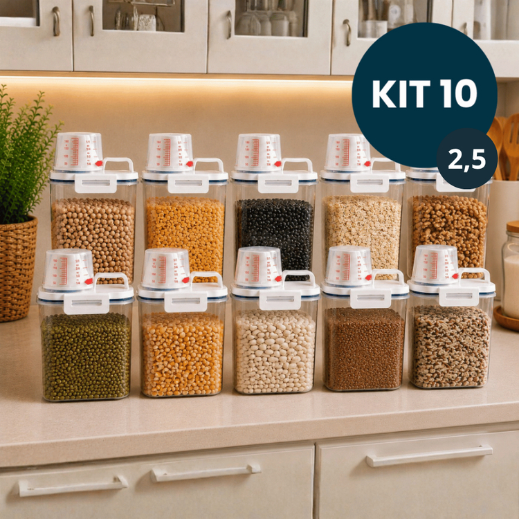 Kit 10 Pote Hermético Para Alimento Mantimento Arroz Pet Ração Copo Medidor Bico Dosador Tampa 2,5 L