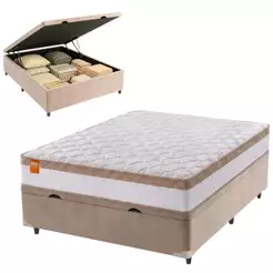 Cama Box Baú Casal Colchão Molas Ensacadas Real 138x188x68cm Branco / Bege - Suporta até 130Kg Por P
