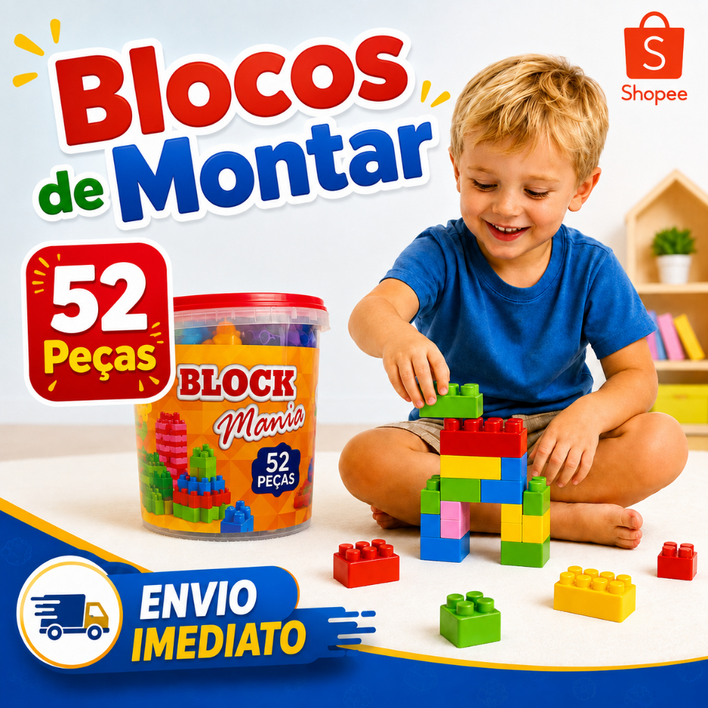 Blocos de Montar Infantil 52 Peças com Balde Organizador Colorido Brinquedos para Crianças 3 Anos Brinquedo Presente