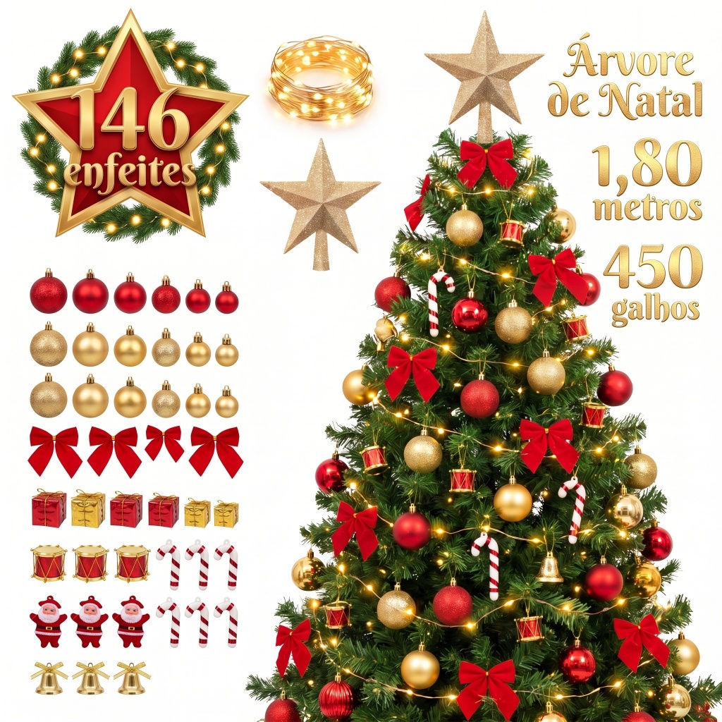 Árvore Natal 1,80m Pinheiro 146 Enfeites 450 Galhos e Led Pisca Pisca Enfeite Decorada Kit Completo Arvore 180cm Cheia