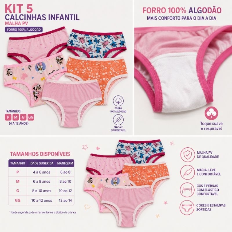 Kit 5 Calcinhas Infantis Menina Malha PV Forro 100% Algodão Calcinha Infantil Estampas Sortidas P Ao GG