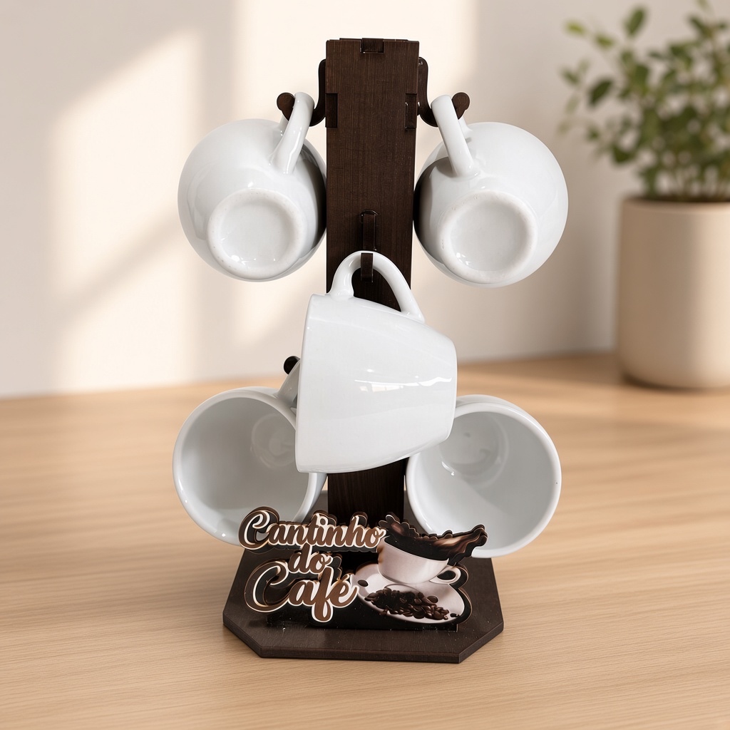Kit Cantinho Do Café Suporte MDF com Xícaras 90ml (Opção 5 e 6 Xícaras)