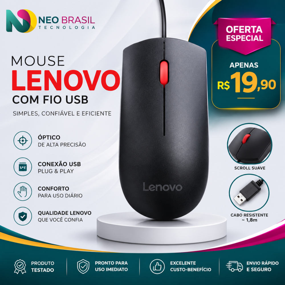 Mouse Lenovo com Fio USB Óptico 1000 DPI Preto para PC e Notebook Recondicionado