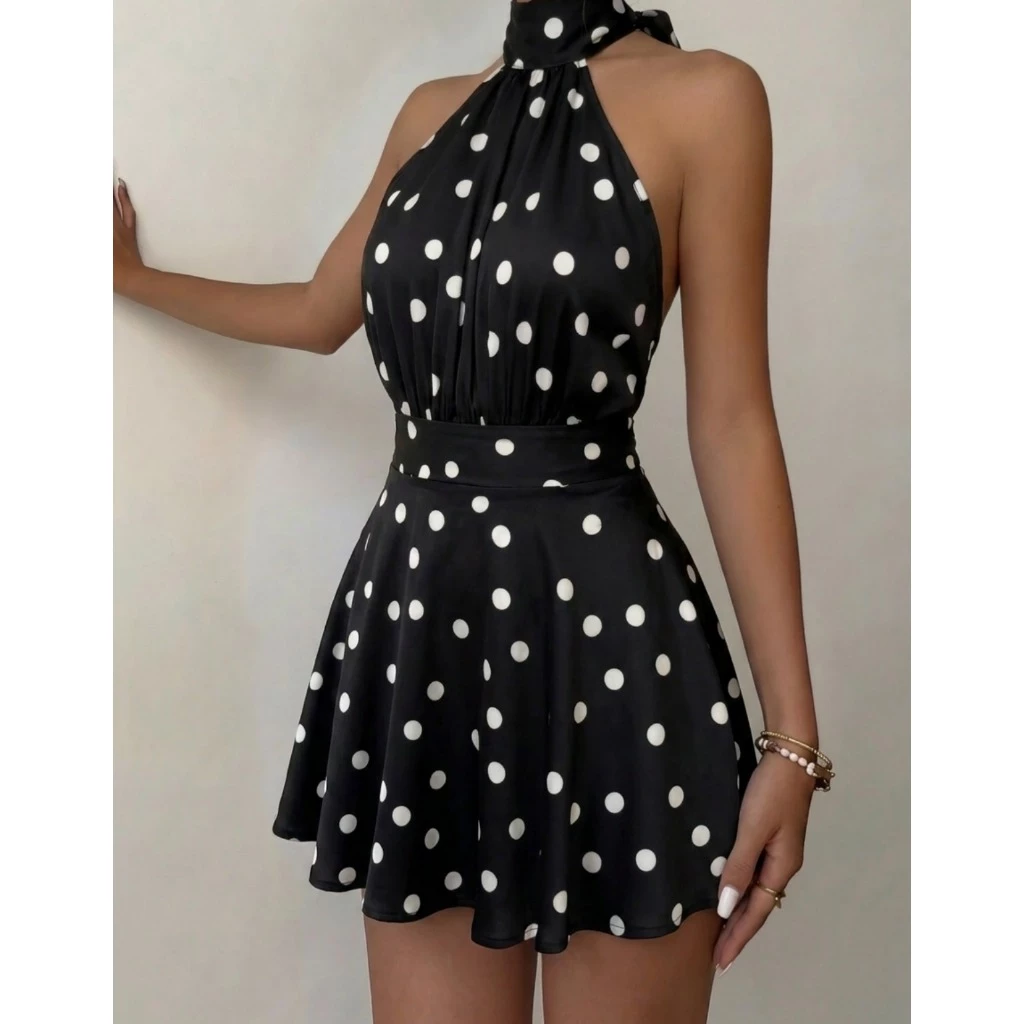 Vestido Curto Feminino Poa Soltinho Gola Alta Amarrar Casual Verão