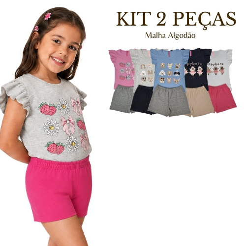 Kit 2 Peças Conjunto Infantil Menina Camiseta Estampada Algodão Cotton Shorts Manga Curta Verão
