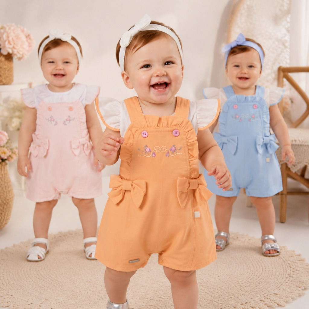 conjunto de jardineira com laços + blusinha conjunto para meninas charmoso e confortável jardineira para bebe