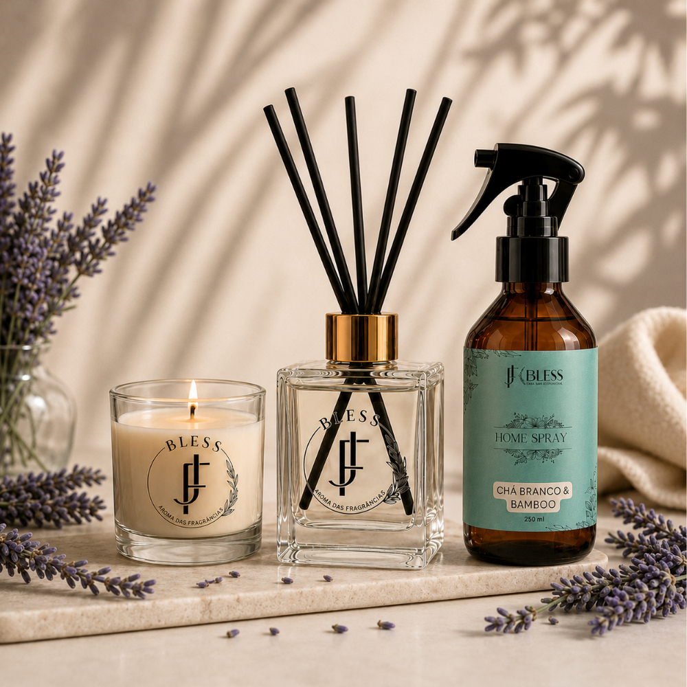 Kit  Vela Aromática Perfumada 100g + Difusor de Varetas 150ml + Home Spray 250ml Aromatizador de Ambiente Home Bless