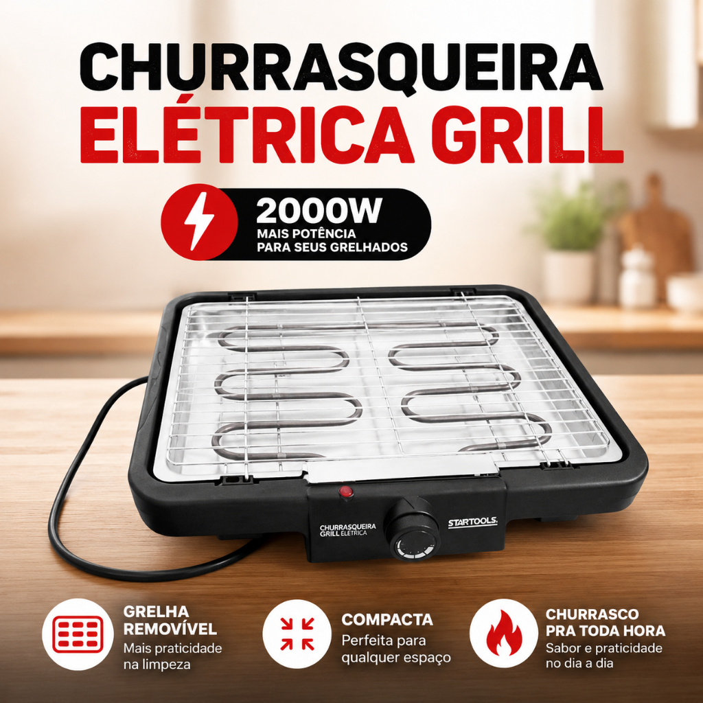Churrasqueira Elétrica Grill de Mesa Portátil 2000W com Grelha Removível Compacta Anti-fumaça 127V