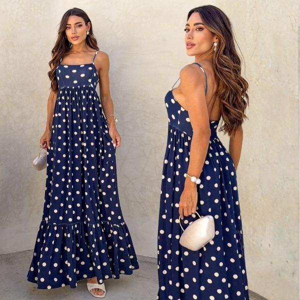 Vestido Longo Feminino Viscolycra Poá Alça Fina Soltinho Casual Estampado Leve Confortável Babado Moda Verão Elegante