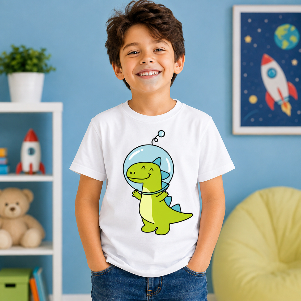 Camiseta Infantil Adulto Dinossauro DIno Rex Sauro Astronauta Astro Lua