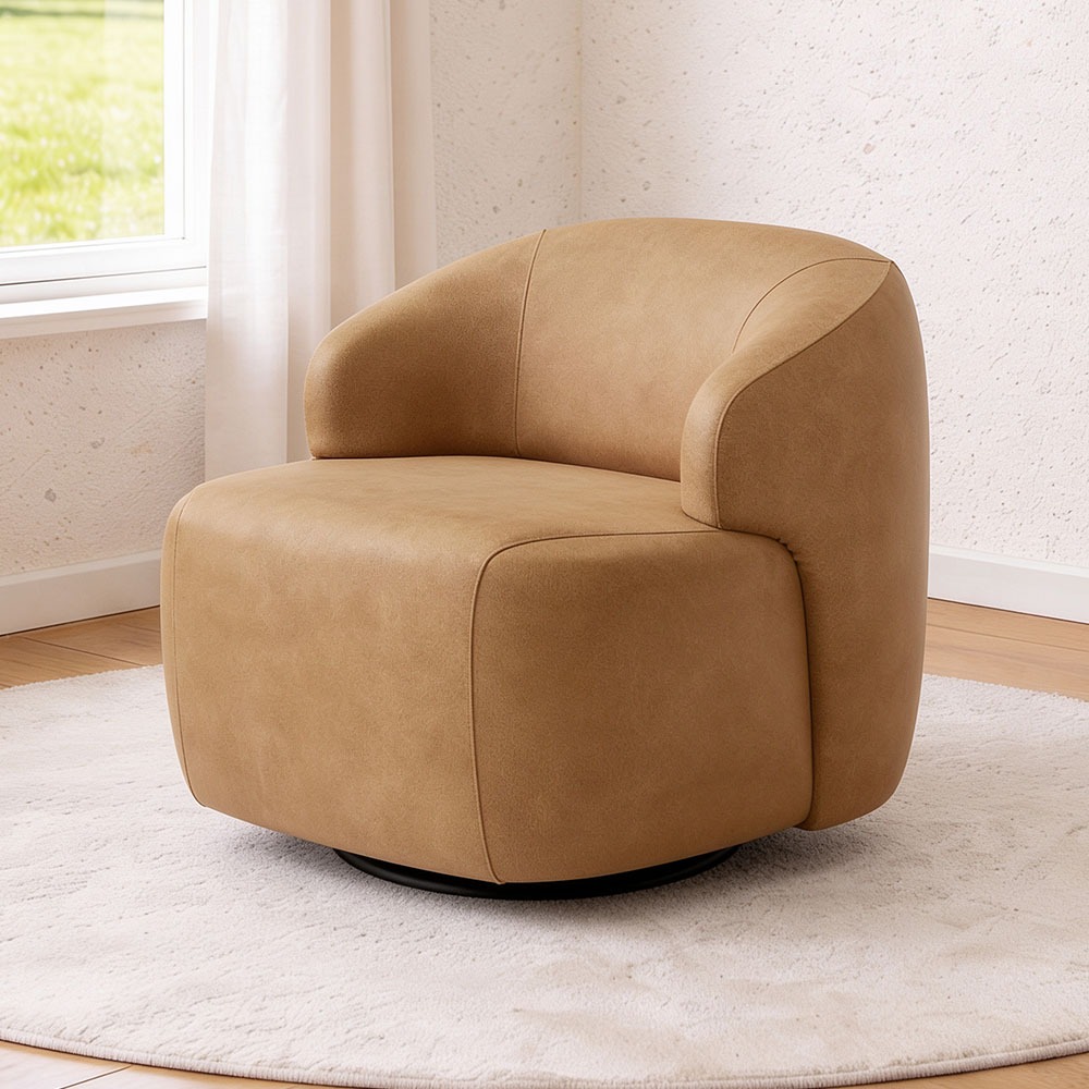 Poltrona Decorativa Orgânica Giratória Para Sala Living Barolo L06 Couro Camel - Lyam Decor · foto 2