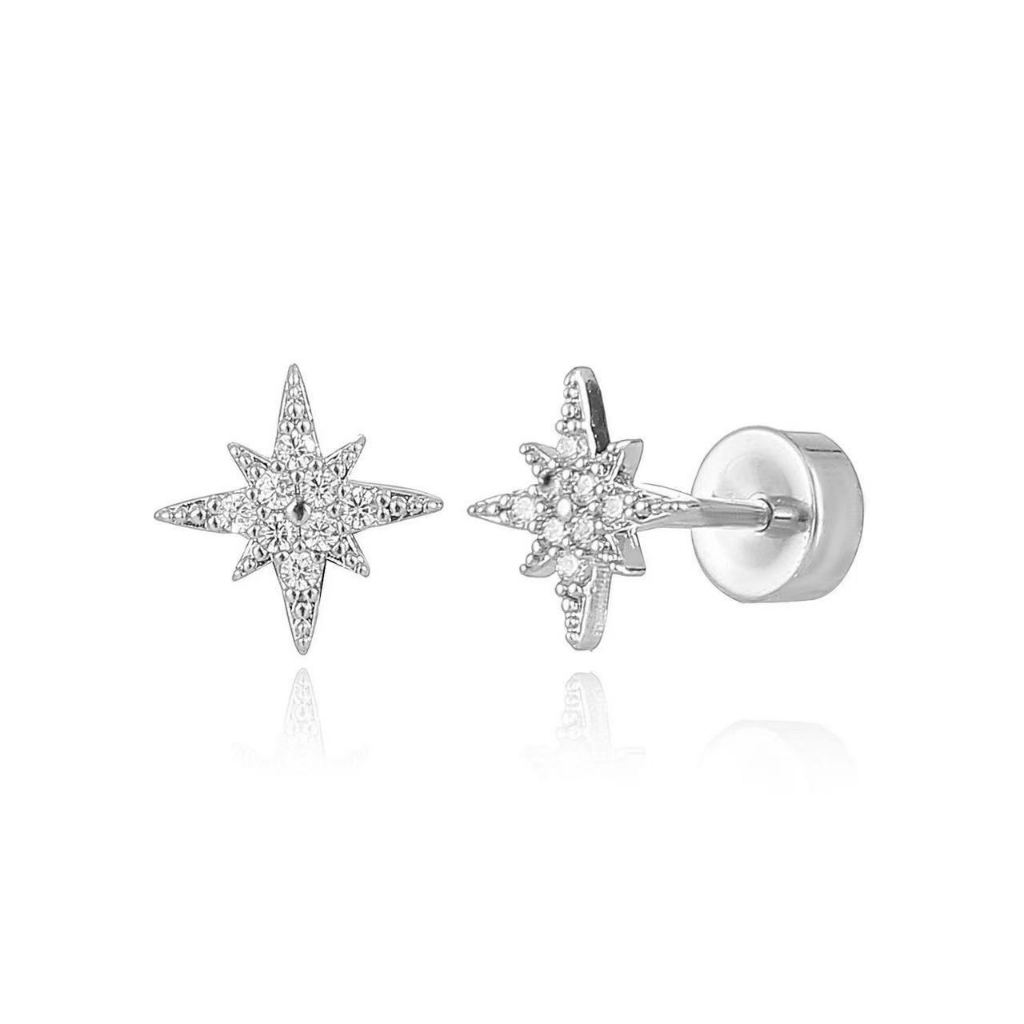 Piercing Labret Estrela 6 pontas Cravejado Prata 925 Legitima Helix Tragus Cartilagem unissex