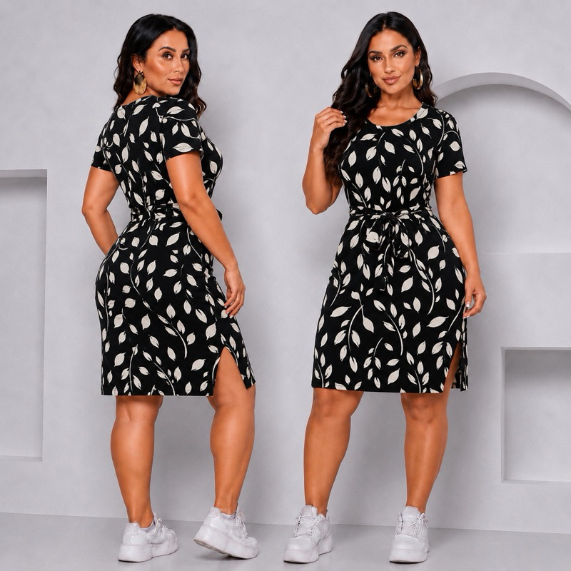 Vestido Envio Rápido Mid com Laço fenda lateral estilo casual básico moda feminina