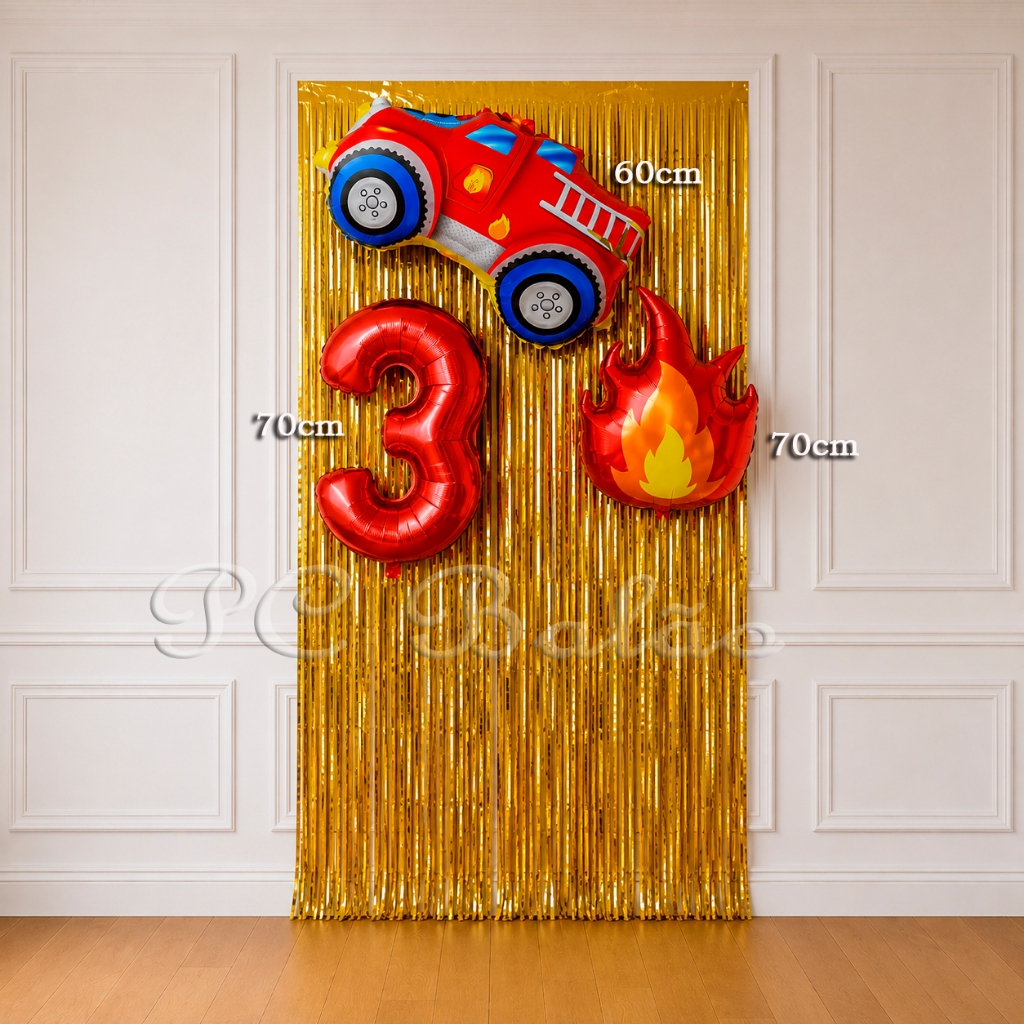 Kit 4 : Balão Metalizado 1 CARRO DE BOMBEIRO + 1 FOGO + N° 70CM VERMELHO+ 1 CORTINA DOURADA