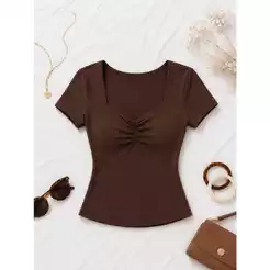 Blusa Feminina Básica Decote Franzido Manga Curta Look Elegante Trabalho Dia a Dia