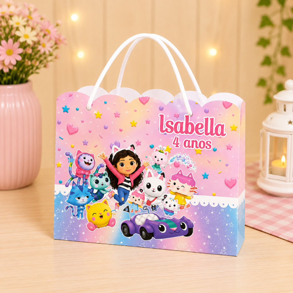 Sacolinha Personalizada para Festa Infantil | Lembrancinha com Nome | Vários Temas Disponíveis CASA MÁGICA DA GABBY
