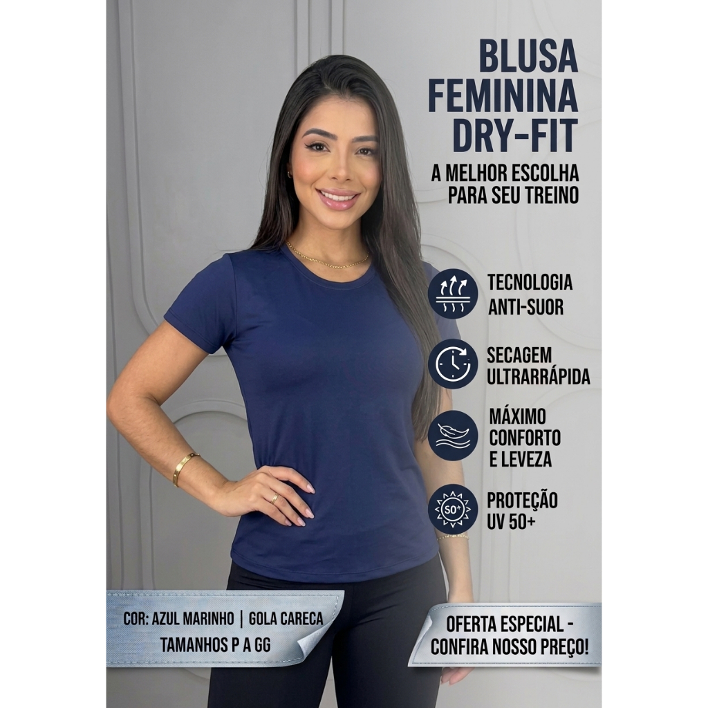 Blusa Feminina Camiseta Dryfit Academia e caminhada Basica Corrida Proteção UV50+