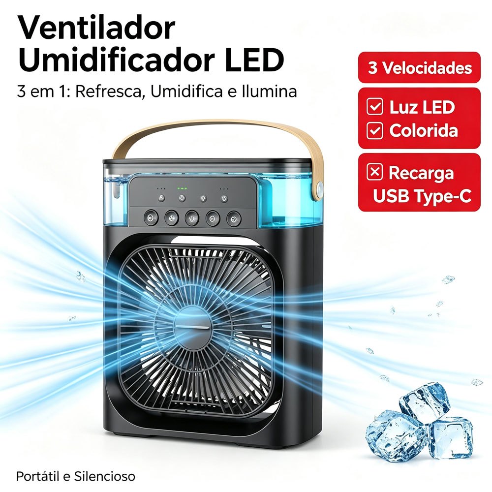 Climatizador Portátil 3 em 1 Ventilador Umidificador LED 3 Velocidades USB Tipo-C