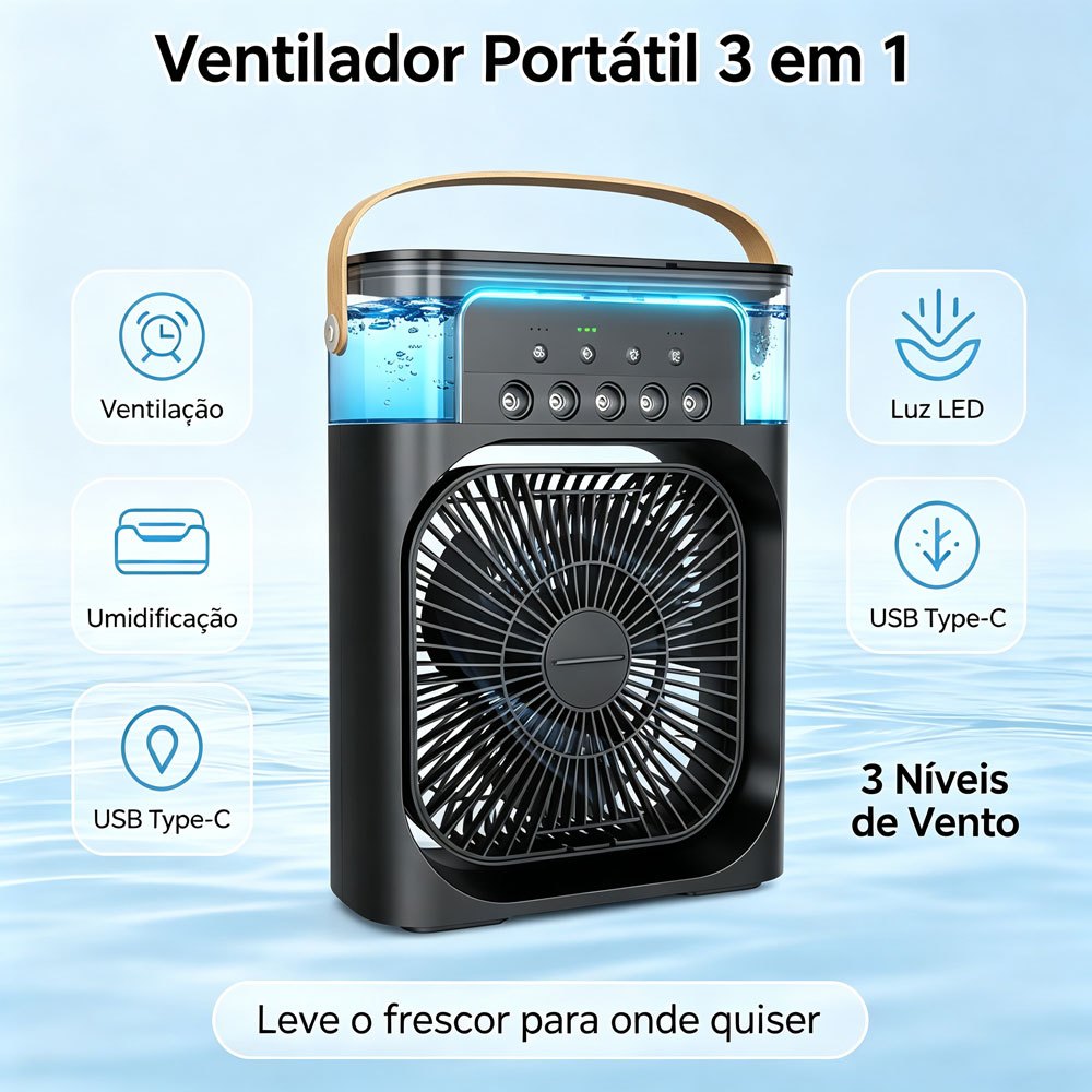 Mini Climatizador de Ar Portátil com Umidificador LED 3 Velocidades USB Tipo-C
