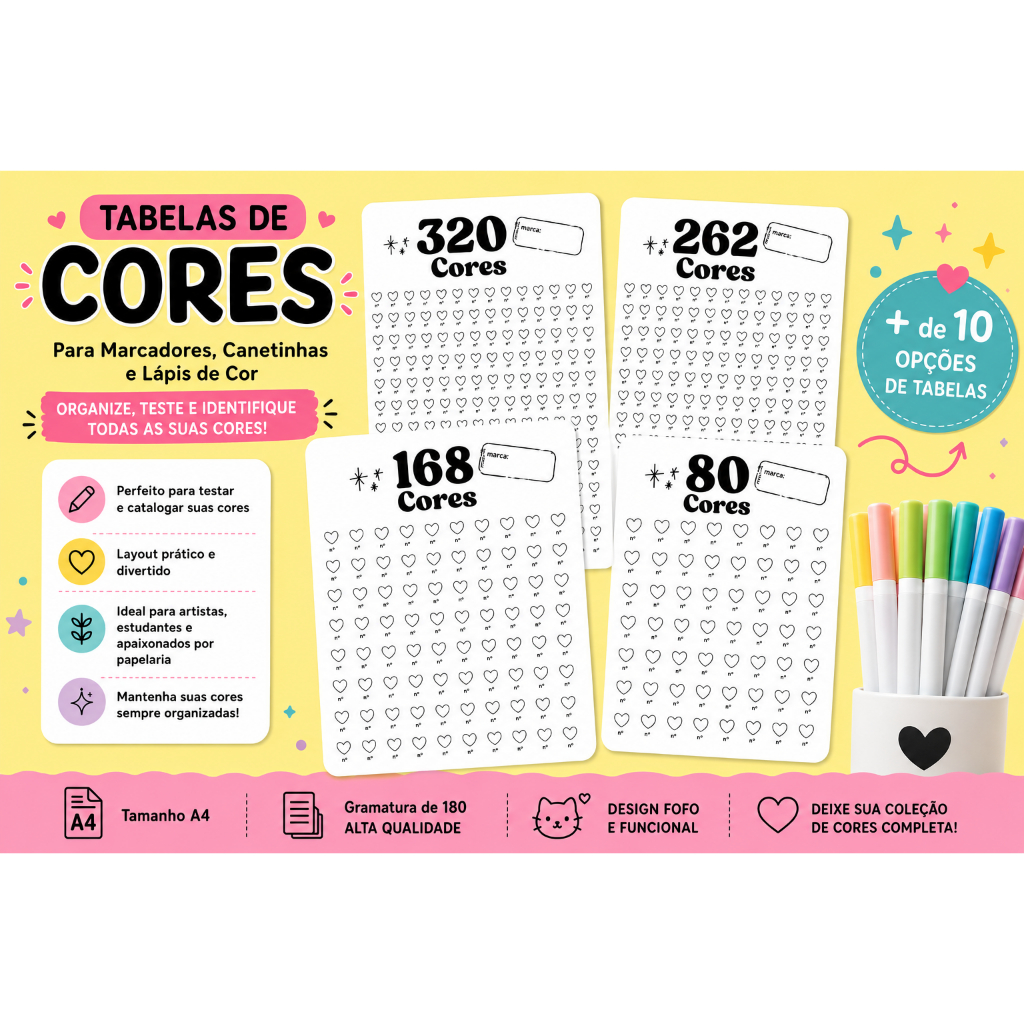 Tabela de Cores (Color Swatch) para Marcadores, Canetinhas e Lápis de Cor Impresso Papel 180g Tam A4 /Tabela de Cores