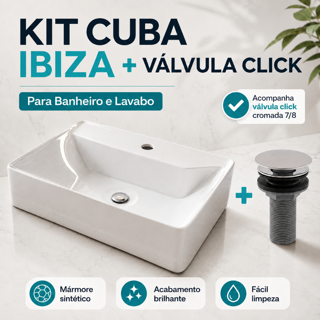 Kit Cuba de Apoio Sobrepor Ibiza 50x35 Mármore Sintético Válvula Click Cromada Banheiro Lavabo