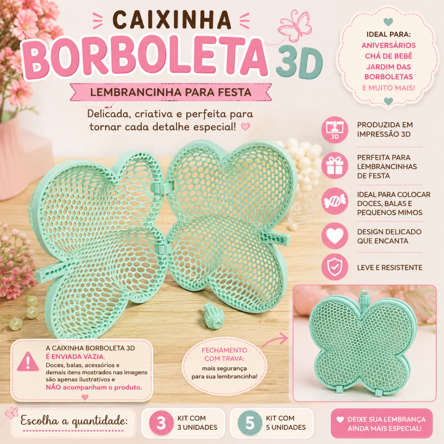 Caixinha Borboleta 3D Lembrancinha de Aniversário Jardim das Borboletas Festa Infantil Porta Doces