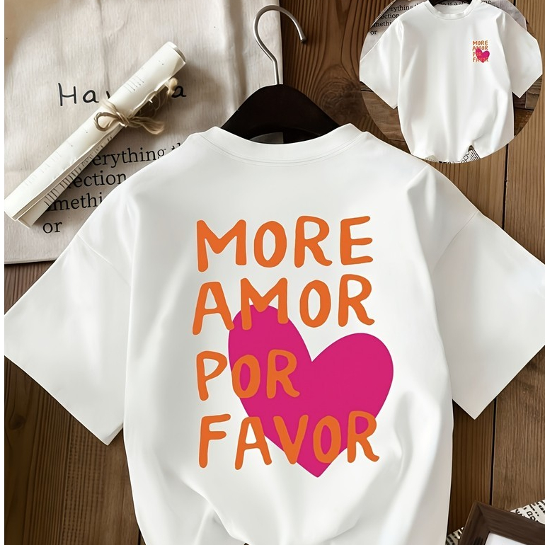 Camiseta Feminina Estampada More Amor Por Favor T-Shirt Casual Moderna Confortável Frase Coração Moda Feminina