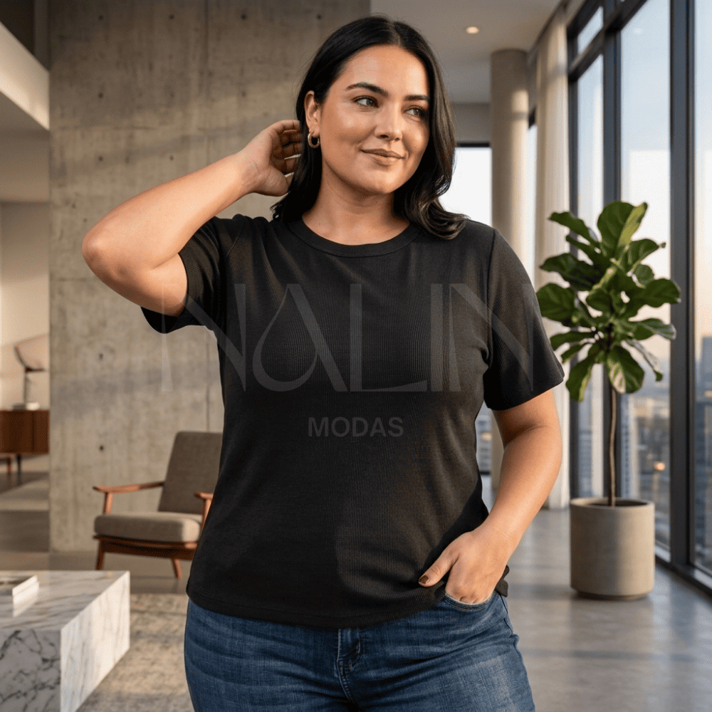 Blusa Feminina Básica Canelada Manga Curta Gola Redonda Confortável G EXG GG G2 Plus Size