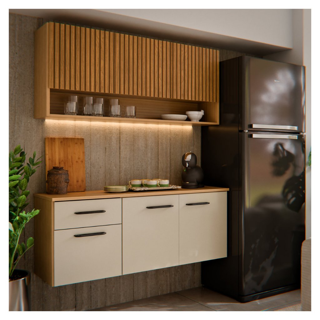 Armário de Cozinha Eliza com Balcão Aéreo 3 Gavetas Telescópicas Ripado 3D MDF MDP Moderno Compacto