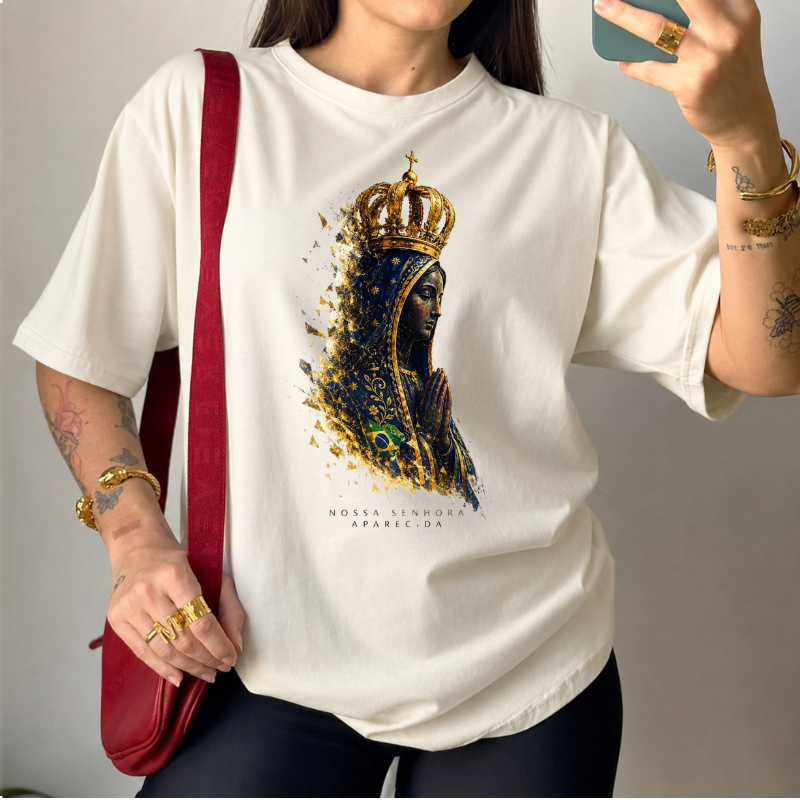 Camiseta Nossa Senhora Aparecida 100% Algodão Premium Sacra Religiosa Estampa Exclusiva