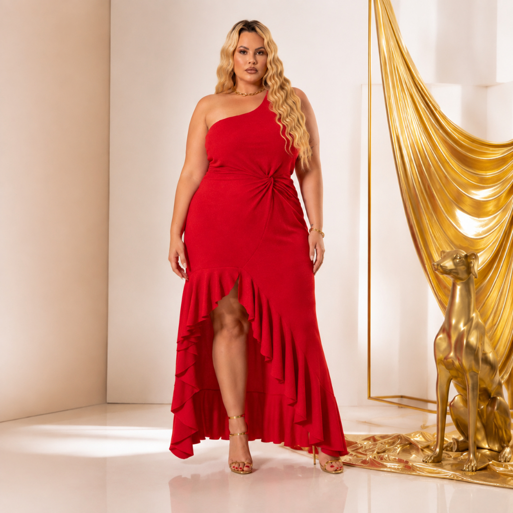 Vestido Longo Plus Size Feminino Um Ombro Só com Babado Festa Gala Elegante Nula Manga De Nó - Rolled
