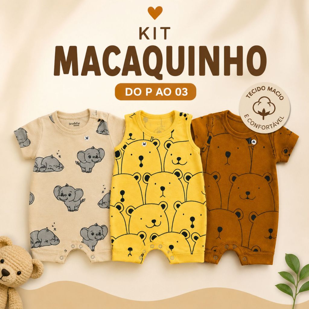 Kit 3 Macaquinhos Sonho & Baby Verão Estampado 100% Algodão Infantil Unissex
