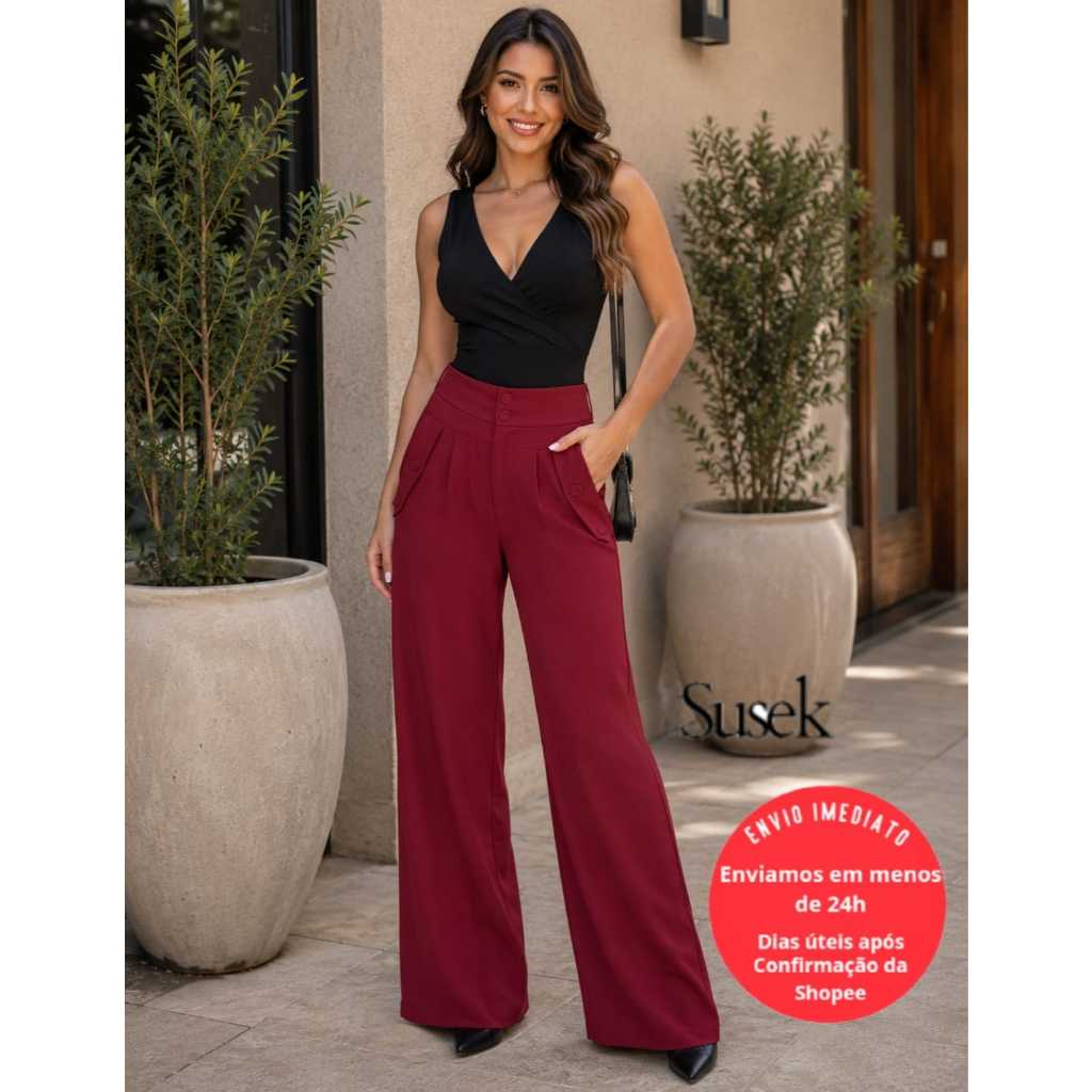 Calça Social Feminina Luis Twill Botões Duplos Moderna Elegante LT8297