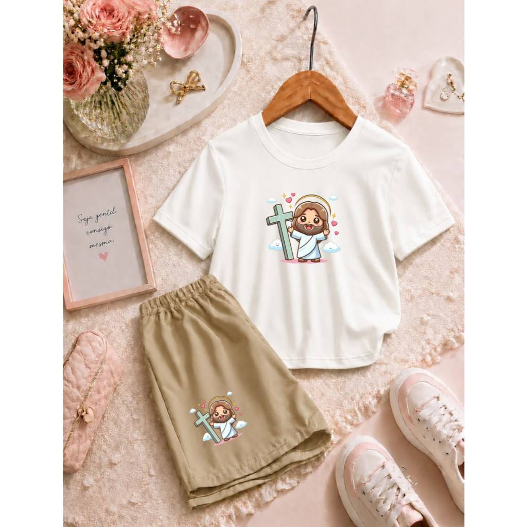Conjunto Infantil Feminino Camiseta Básica com Short de Moletom Roupa para Menina Confortável Estampa Religiosa Fofa