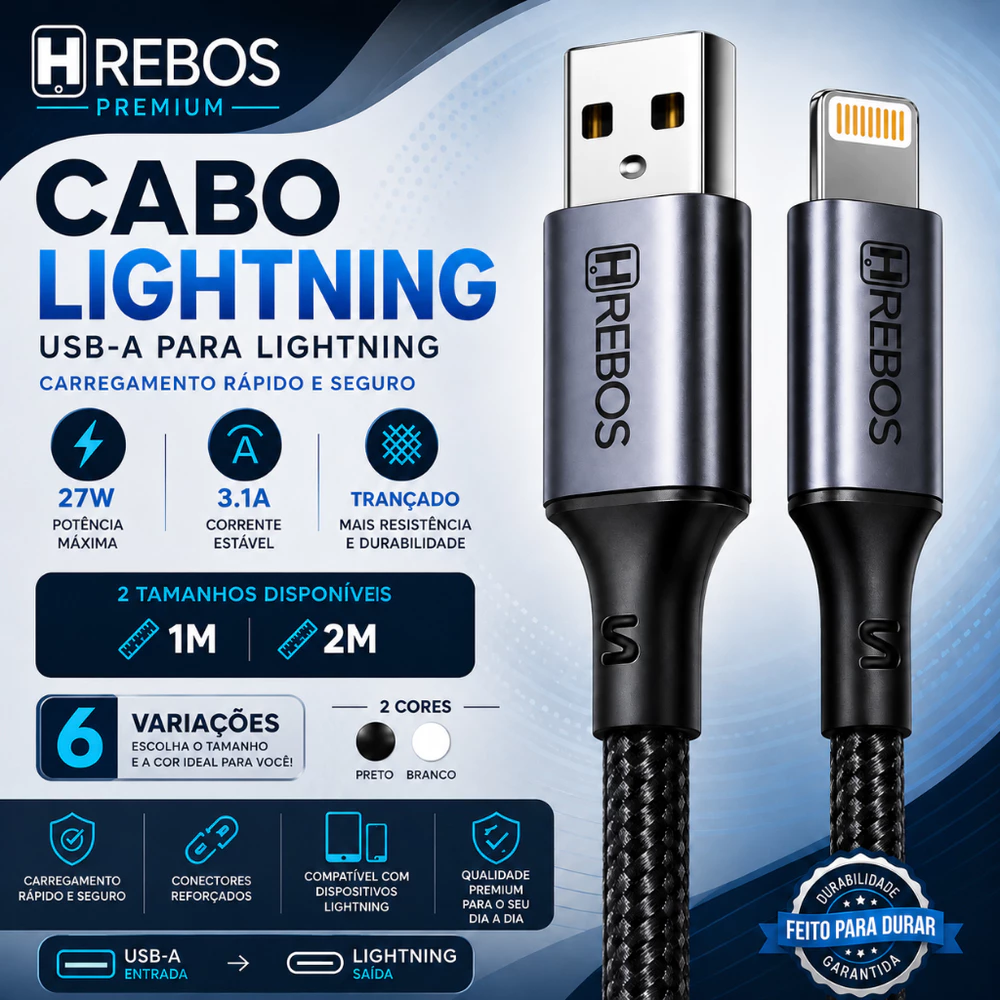 Cabo Lightning Hrebos iPhone 14 13 12 11 X XR Pro Max USB-A 27W 3.1A Turbo Trançado Nylon 1m 2m 3m