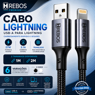 Cabo Lightning Hrebos iPhone 14 13 12 11 X XR Pro Max USB-A 27W 3.1A Turbo Trançado Nylon 1m 2m 3m