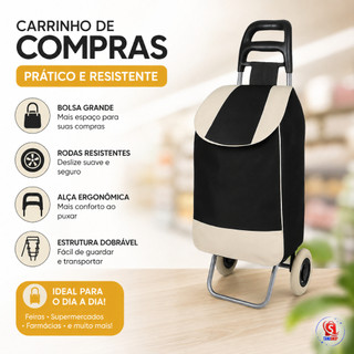 Carrinho de Compras Com Rodas Multiuso Feira Supermercado Reforçado Dobravél 30kg Preto